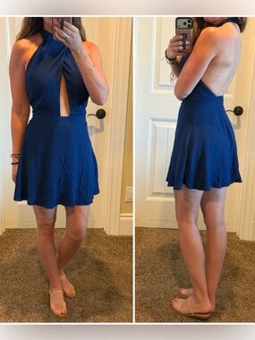 Finders Cobalt Navy Blue Halter Cutout Front Swing Backless Mini Dress Size S